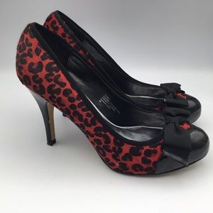 WHBM Naomi red leopard calf hair patent bow heels platform heels 8M